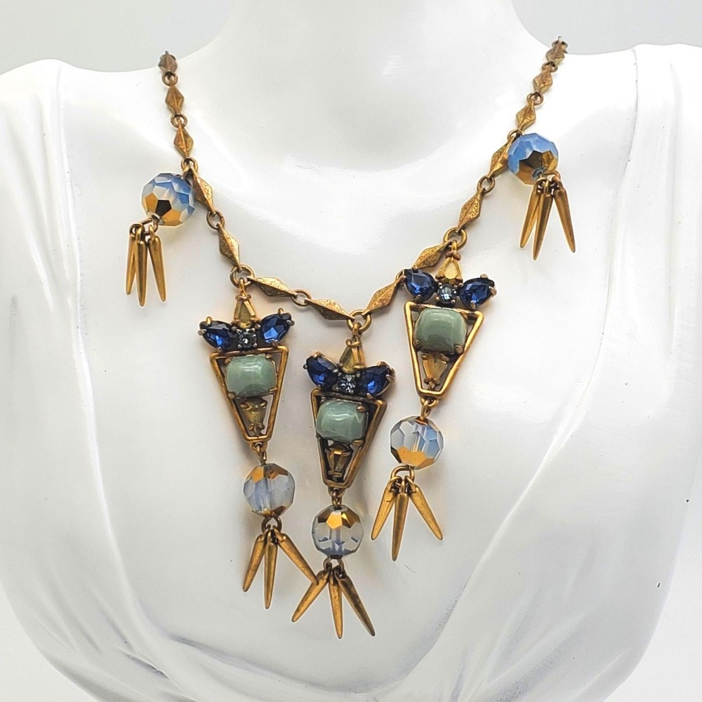 Deco Fringe Bib Opera Length Necklace Gold Tone Beaded Tassels Blue Opalescent